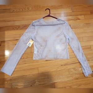 Rhinestone Fishnet White Long Sleeve Shirt